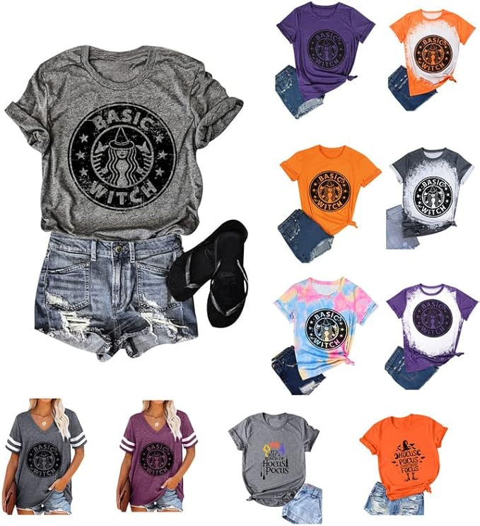 OUNAR Halloween Shirt for Women Funny Graphic Basic Witch Tops Fall Hocus Tee | Amazon (US)