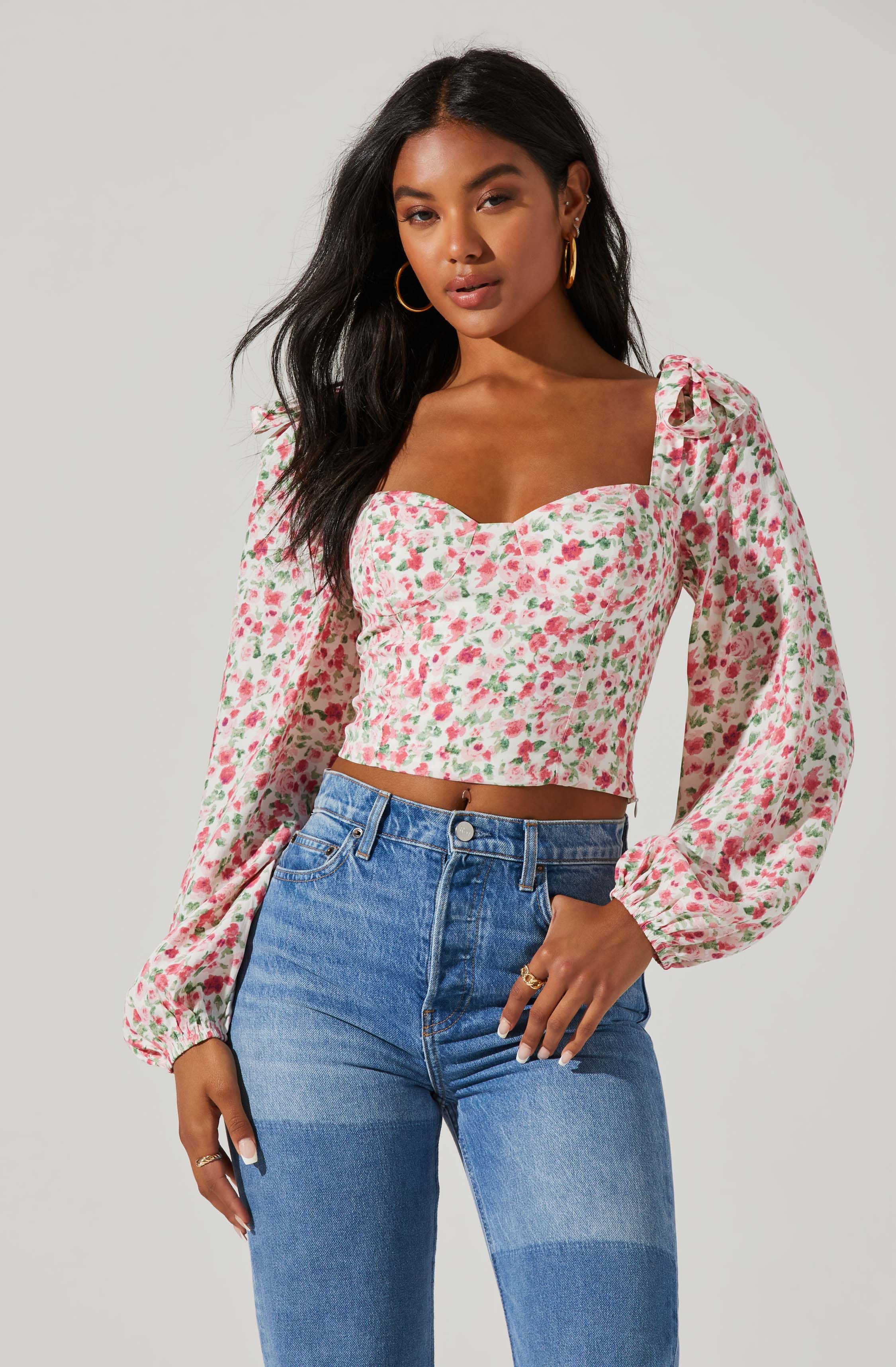 Floral Tie Shoulder Long Sleeve Top | ASTR The Label (US)