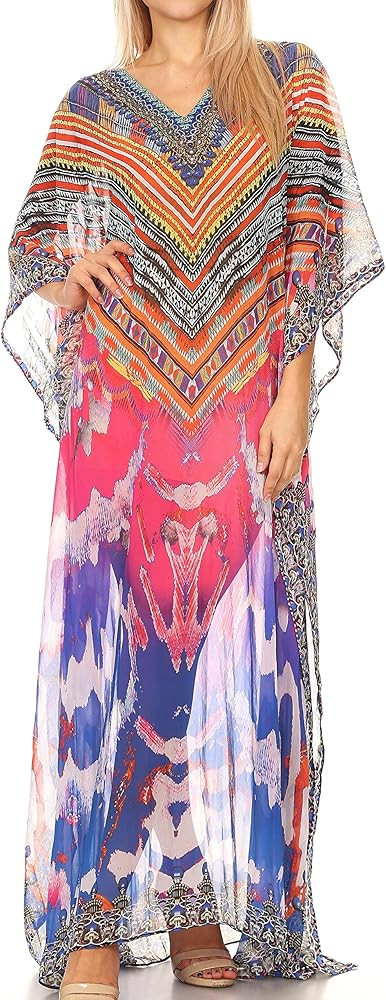 Sakkas Wilder Printed Design Long Sheer Rhinestone Caftan Dress/Cover Up | Amazon (US)