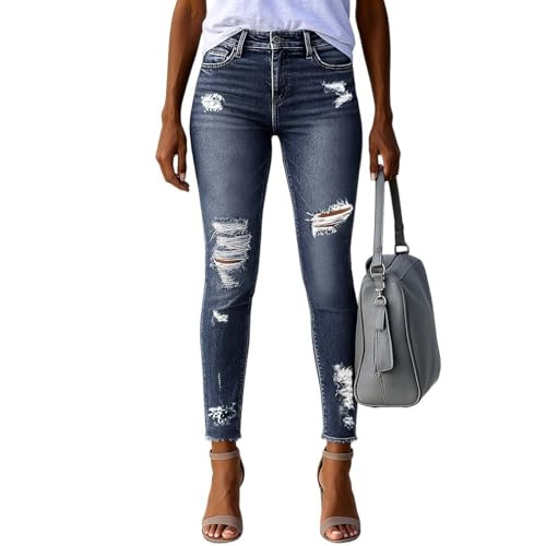 Elneeya Women Capri Jeans Boyfriend Mid Rise Ripped Jeans Stretchy Slim Fit Trendy Cropped Straight Leg Jean Y2k Raw Hem Distressed Capri Denim Pants Tummy Control Jegging for Women with Pockets | Amazon (US)