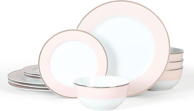 Martha Stewart Gracie Lane 12 pc Porcelain Decorated Dinnerware Set - Pink w/Gold Rim, Service fo... | Amazon (US)