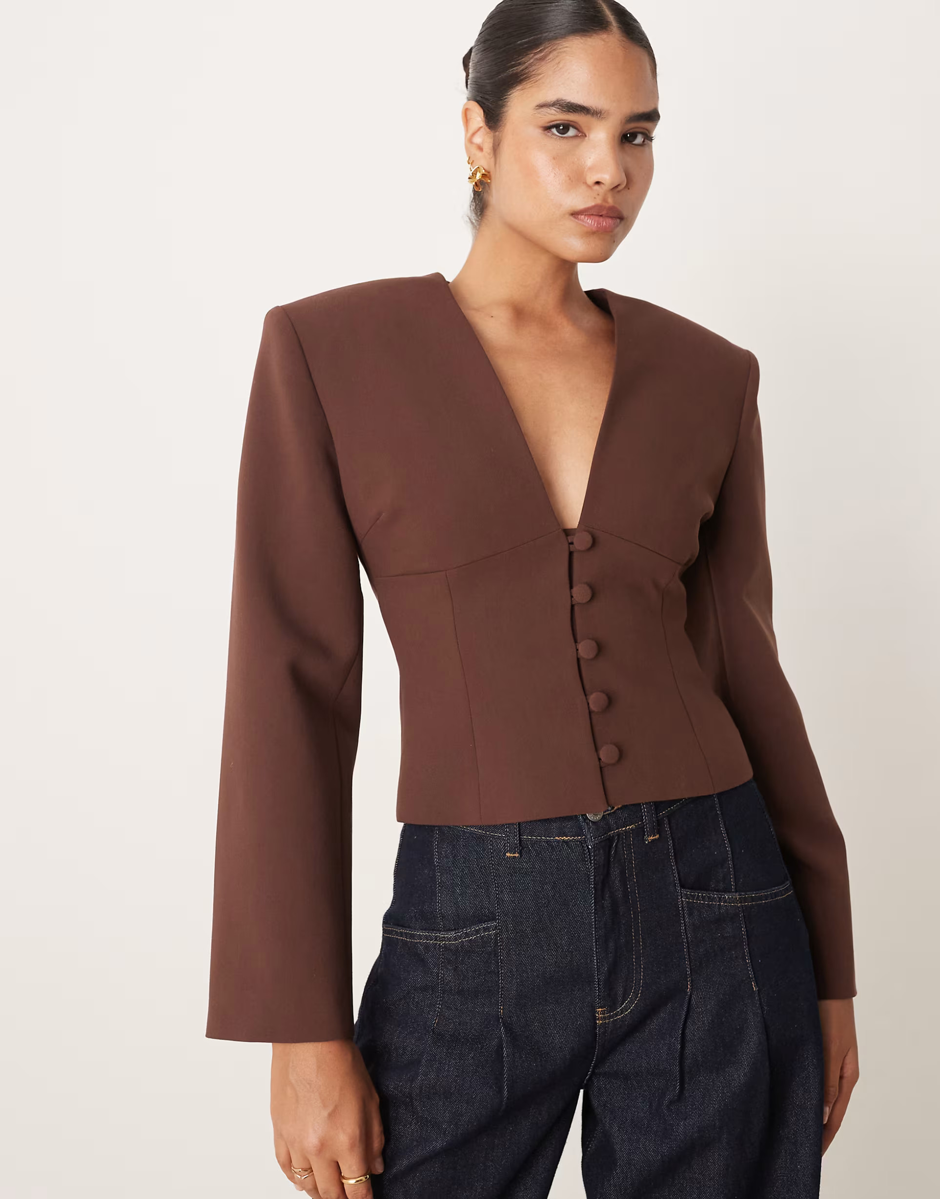 ASOS DESIGN plunge neck cinch waist blazer in brown | ASOS (Global)
