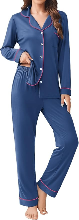 Ekouaer Womens Pajamas Set 2 Piece Button Down Pjs Soft Long Sleeve Top and Pants Sleepwear Set L... | Amazon (US)