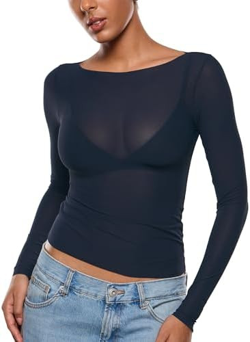 INLYRIC Women's Cosnufy Mesh Sheer Long Sleeve Tops See Through Boat Neck Going Out Tops Trendy S... | Amazon (US)