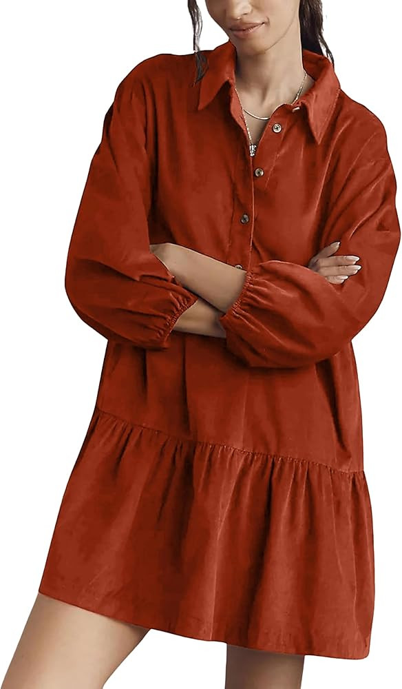 Womens Mini Shirt Corduroy Dress Lantern Sleeve Turndown Collar Button Up Babydoll Dress with Poc... | Amazon (US)
