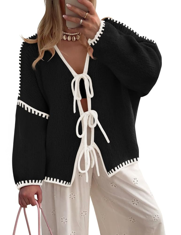 ZESICA Women's Tie Front Bow Cardigan Sweaters 2025 Casual Long Sleeve Knit Color Block Fall Wint... | Amazon (US)