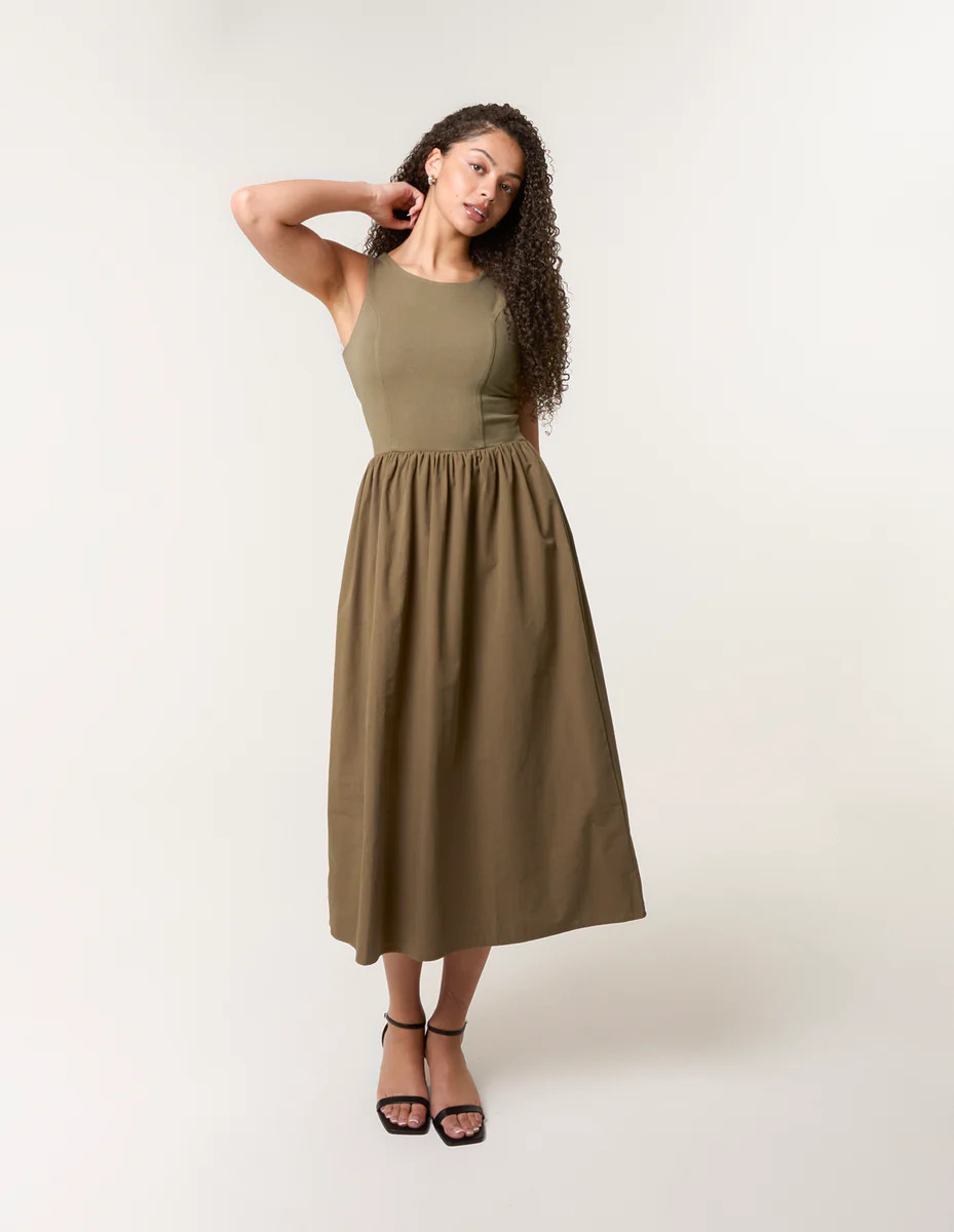 Khaki | Mix Fabric Midi Dress | Blue Vanilla | Blue Vanilla