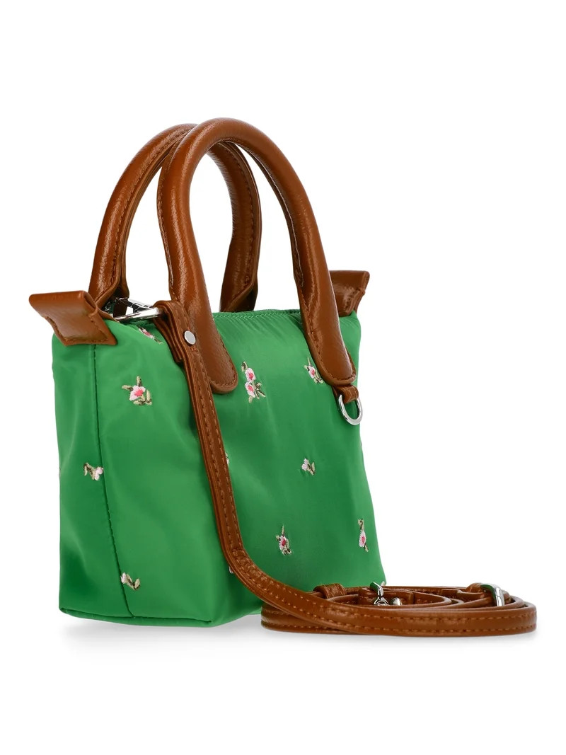 No Boundaries Women's Mini Tote Crossbody Bag, Turf Green with Floral Embroidery | Walmart (US)