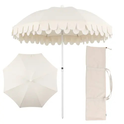 JONATHAN Y Horizon Coastal Scalloped Edge Beach Umbrella with Fringe, Push-Button Tilt, UV 50 Outdoor Canopy and Portable Carry Bag in Cream - White | Nordstrom