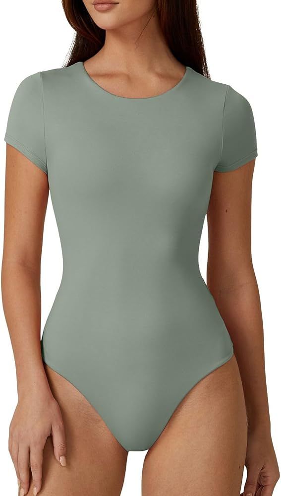 QINSEN Women's Crew Neck Short Sleeve Bodysuit Double Lined Body Suits Basic T-shirt Tops | Amazon (US)