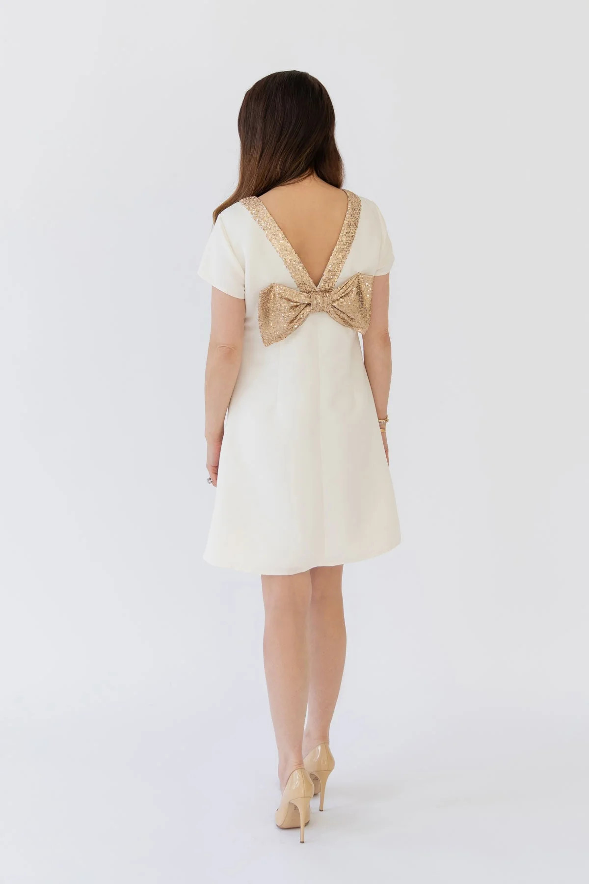 Winter White & Gold Allie Bow Back Dress | Sail to Sable