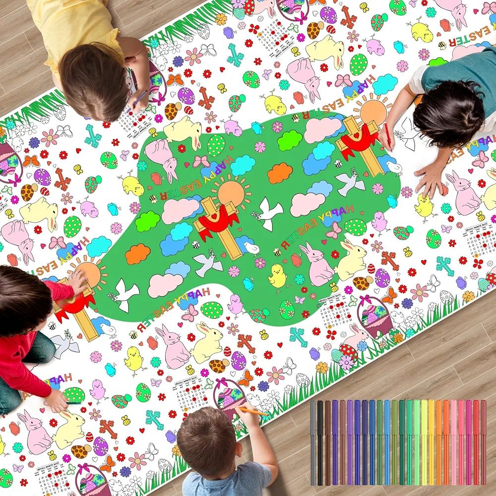 54 x 108 Inch Easter Coloring Tablecloth for Kids with 24 Color Pens, Rectangle Giant Happy Easte... | Amazon (US)