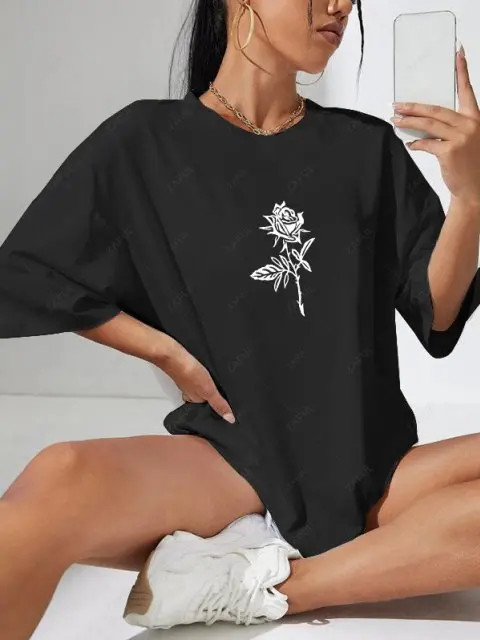Drop Shoulder Rose Print T Shirt | ZAFUL (Global)