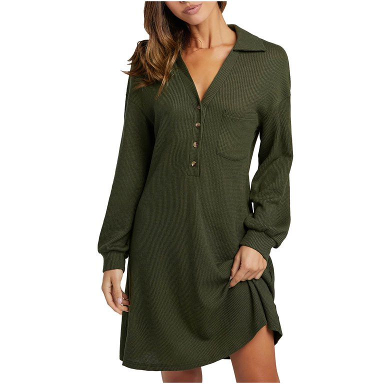 Odeerbi Clearance Dresses for Women 2022 Fall Dresses Autumn Winter Trendy Long Sleeve V-Neck Sol... | Walmart (US)