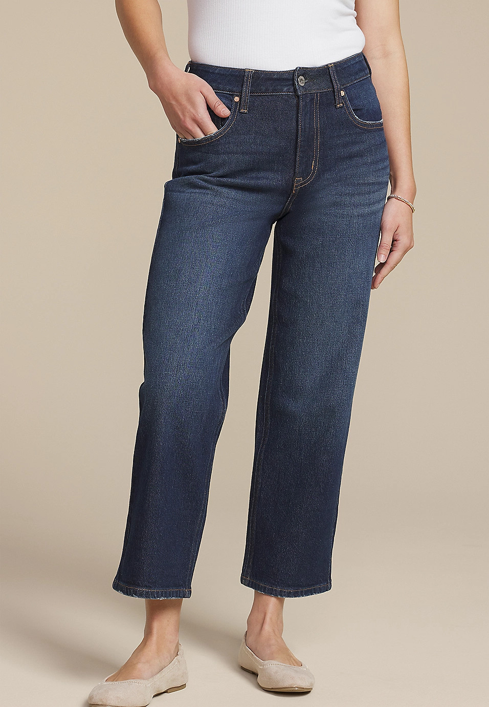 edgely™ Dark High Rise Raw Hem Wide Leg Ankle Jean | Maurices