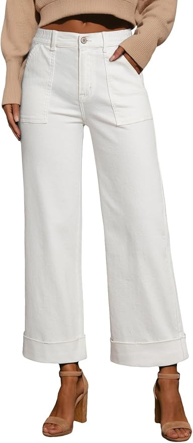 EVALESS Womens High Waist Wide Leg Jeans Trendy Cropped Denim Pants Solid Ankle Length Stretchy J... | Amazon (US)