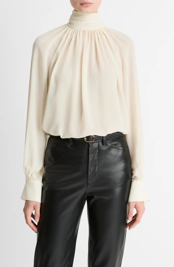 Draped Ruffle Mock Neck Crepe Top | Nordstrom