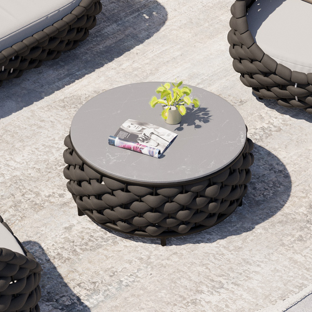 Tatta Modern Top Round Outdoor Coffee Table with Woven Rope Base & Storage in Black | Homary