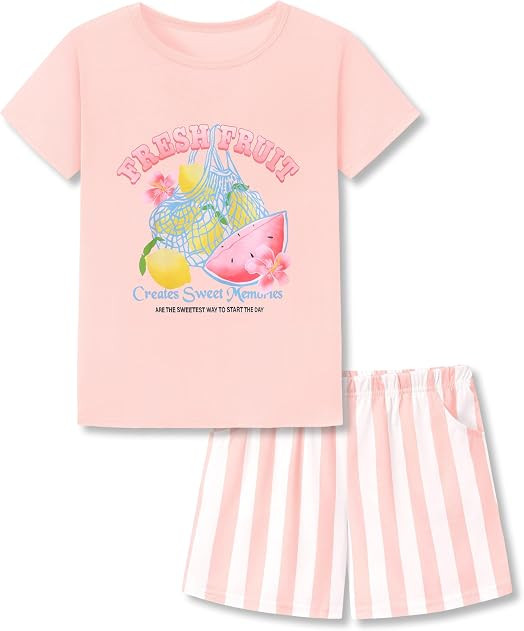 Beezizac Pajamas for Girls Cute Capybara Lemon Camping Bow Short Sleeves & Plaid Shorts 2-Piece S... | Amazon (US)