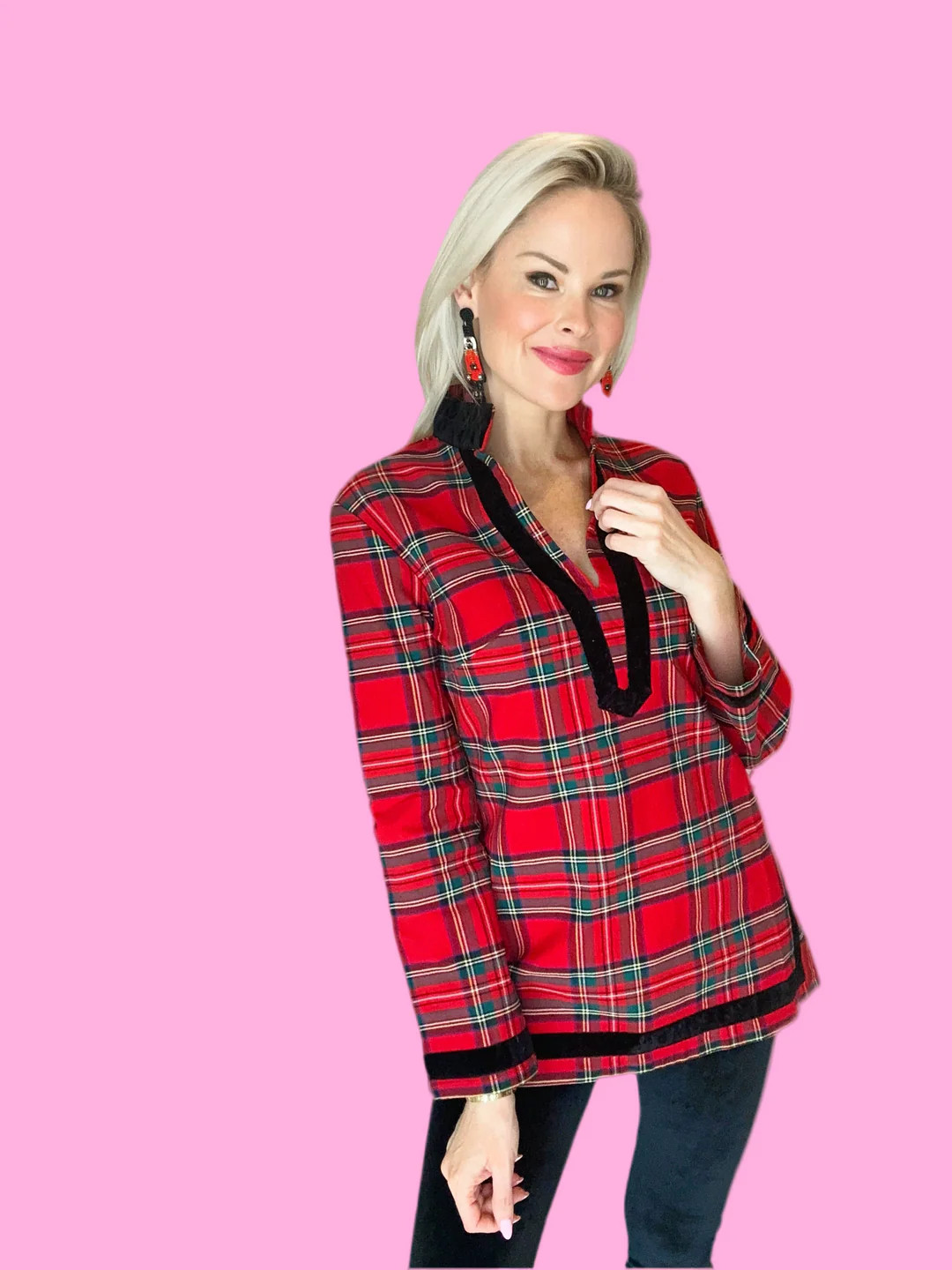 Tunic Top Royal Stewart with Black Velvet Trim | Teggy French