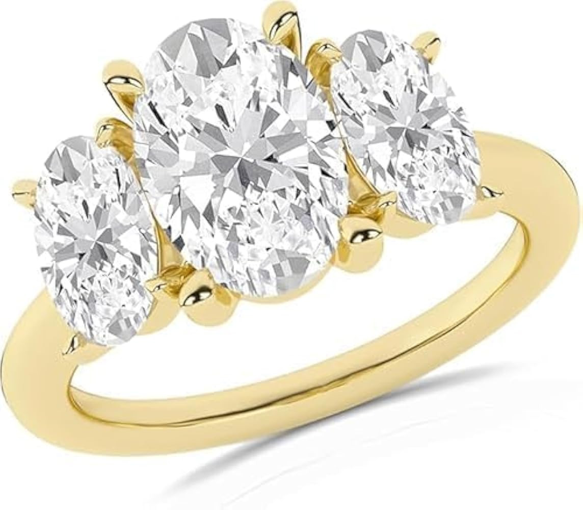 Three Stone Oval Cut Lab Created Diamond Engagement Ring, 4.00 Carat, 14K Yellow Gold Finish, Fin... | Amazon (US)