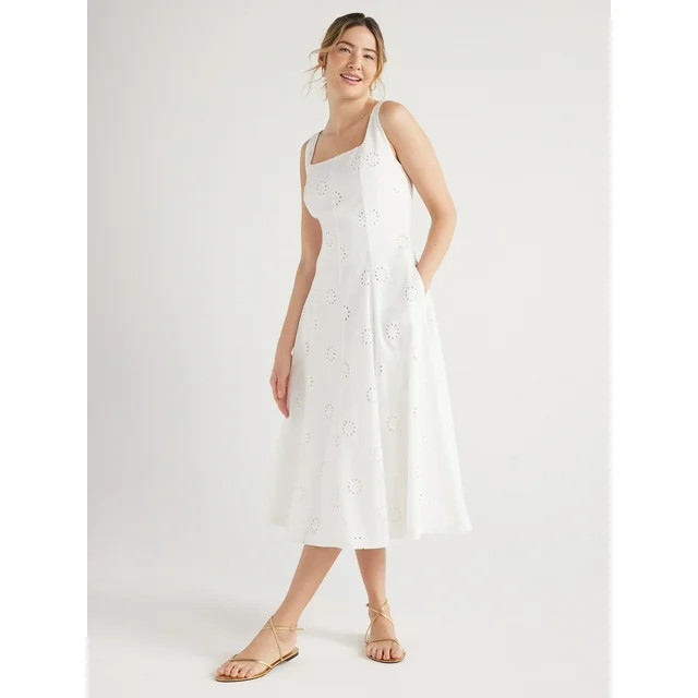 Free Assembly Women's Cotton Sleeveless Square Neck Eyelet Midi Dress, Sizes XS-XXL | Walmart (US)