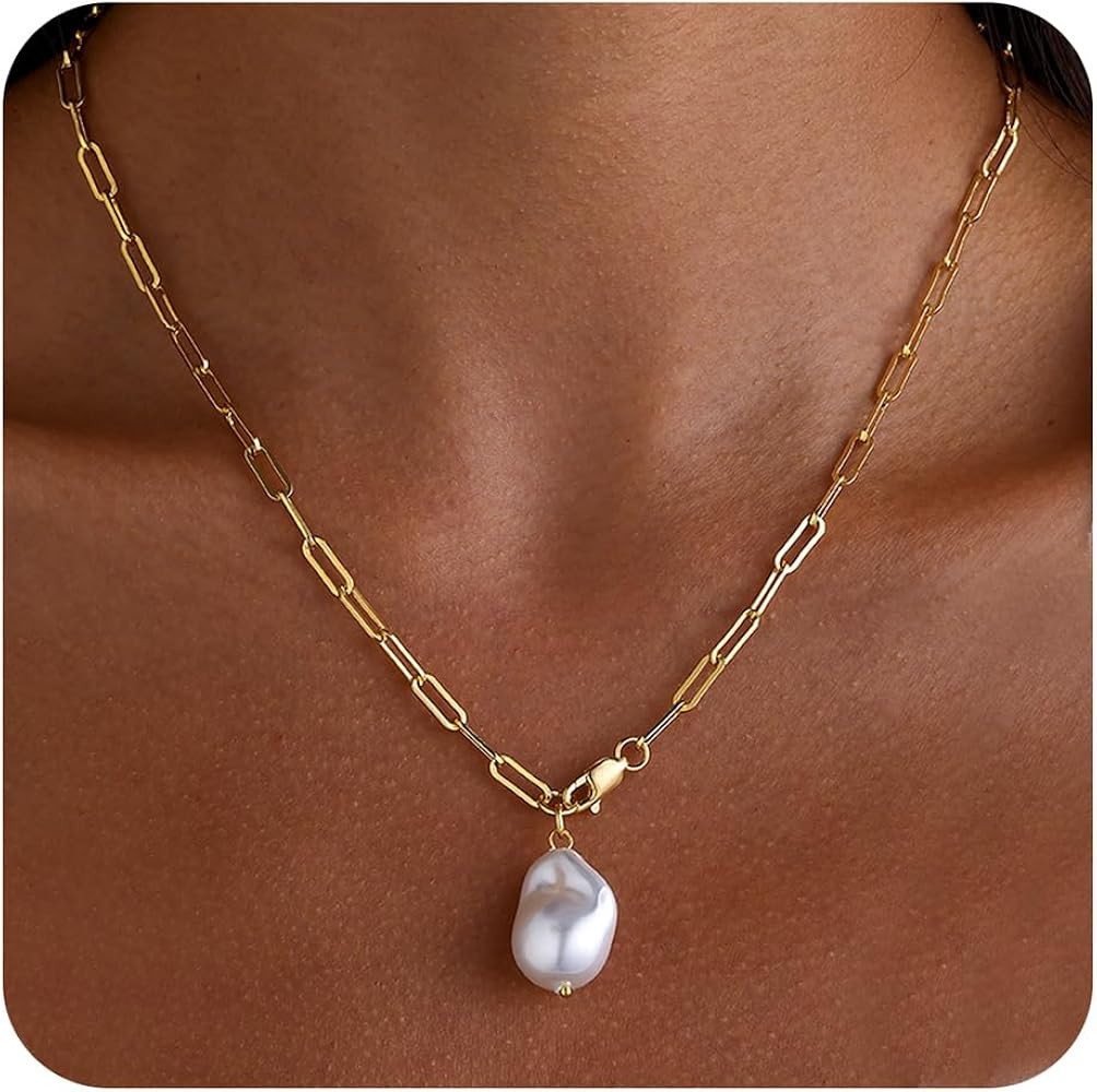 Chunky Gold Necklace, 14K Gold Plated Chunky Cross Necklace for Women Statement Pearl Heart Neckl... | Amazon (US)