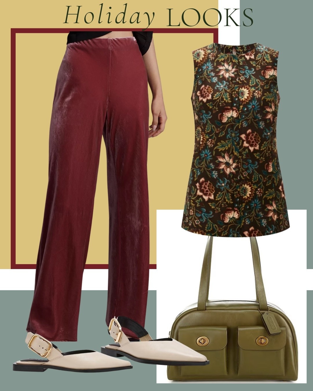 Casual dressy outfit fall. Wide leg velvet pants, sleeveless floral top, sling back Steve Madden flats, and a green Coach bag.

#fall outfits #wide leg pants #velvet pants #flats #flat shoes #coach handbag 

#LTKSeasonal #LTKCyberWeek #LTKootd
