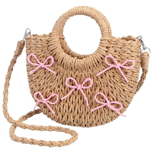 Locmeo Pink Bow Straw Bag for Women, Cute Coquette Woven Tote Handbag with Ribbon Bowknot, Small Summer Beach Crossbody Purse for Travel Vacation | Amazon (US)