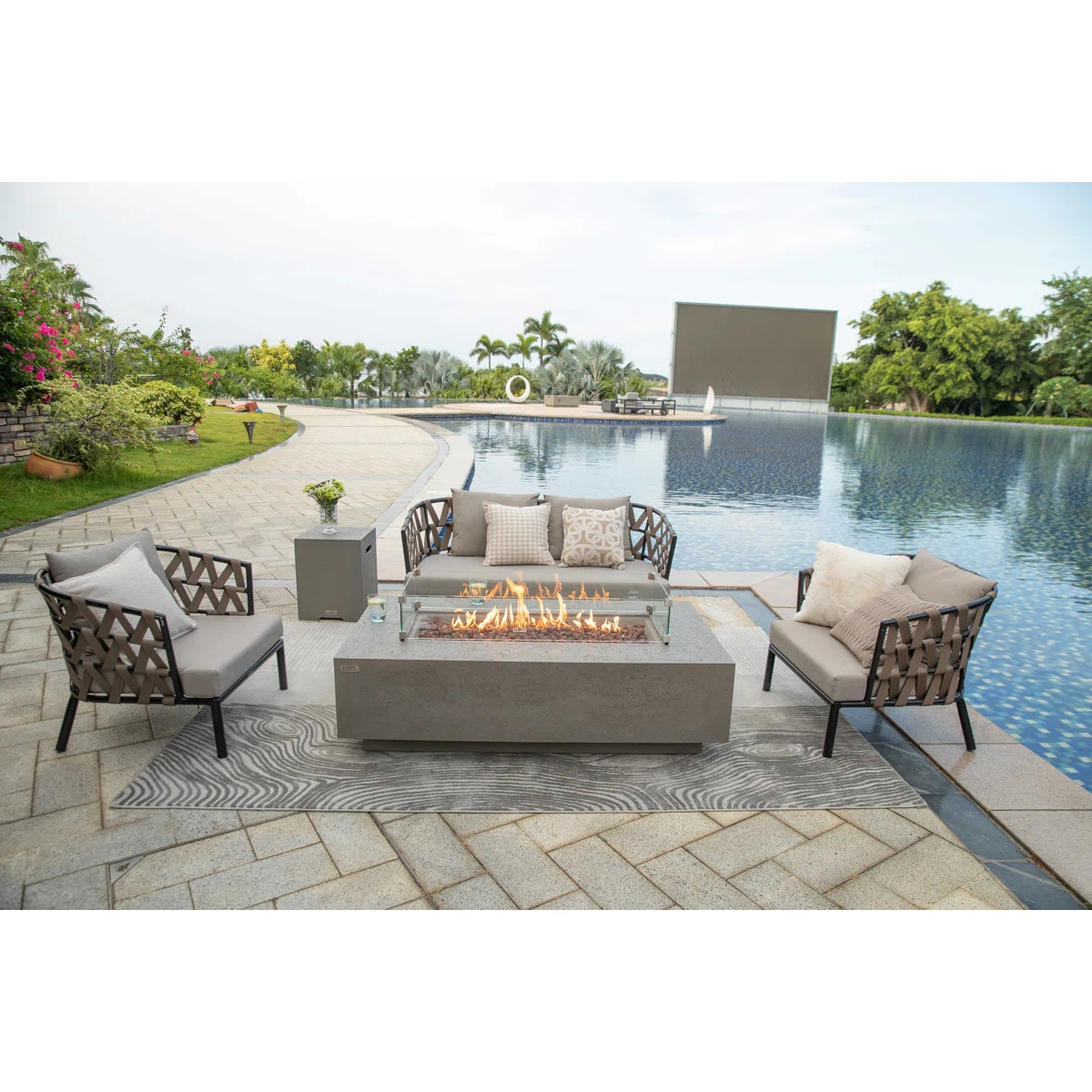Madison 60" Travertine Propane Fire Pit Table with Wind Guard, Burner Lid, & Tank Cover | Wayfair North America