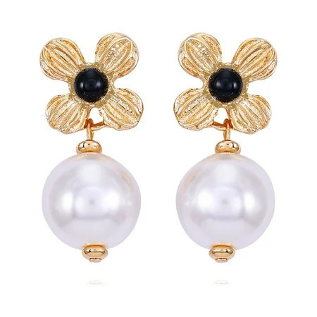 Time and Tru Women's Delicate Small Art Deco Gold Tone Flower Post Earring with Acrylic Pearl Drop | Walmart (US)