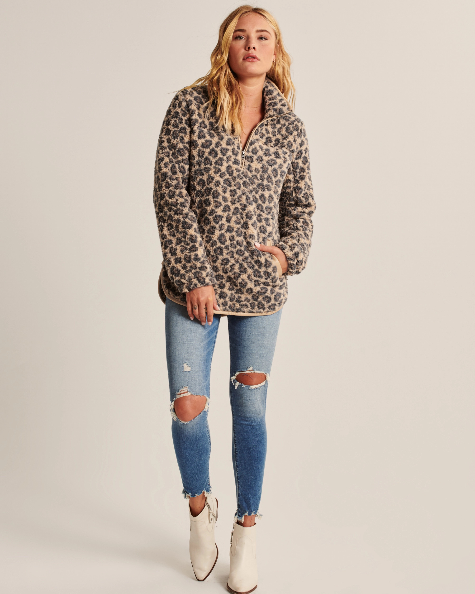 Sherpa Half-Zip Faux Leather-Trim Sweatshirt | Abercrombie & Fitch (US)