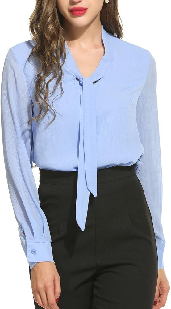 ACEVOG Womens Bow Tie Neck Long Sleeve Casual Office Work Chiffon Blouse Shirts Tops | Amazon (US)