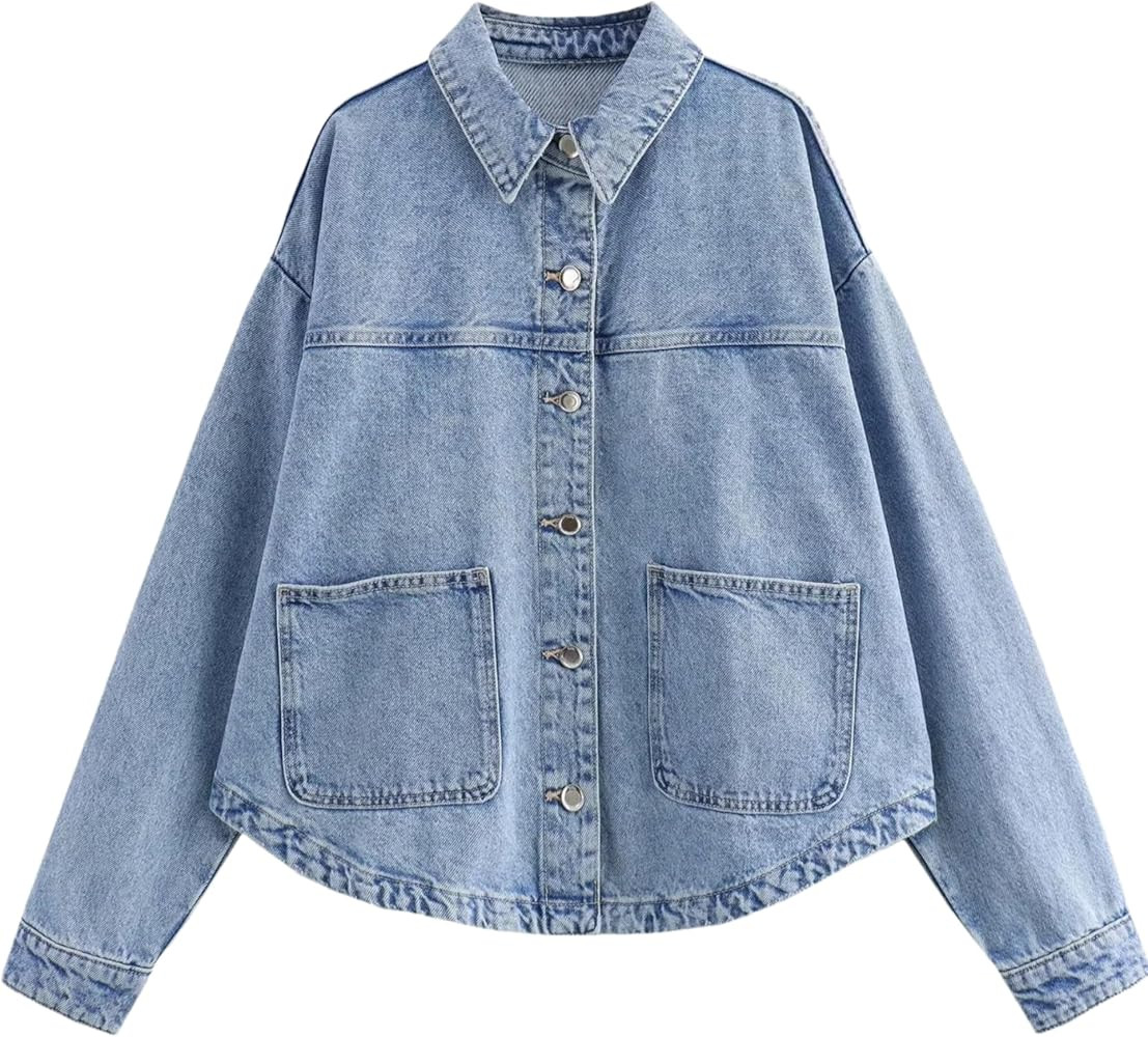 Womens Denim Jacket Fashion Oversized Long Sleeve Button Down Jean Coat Jeans Trucker Jacket Shir... | Amazon (US)