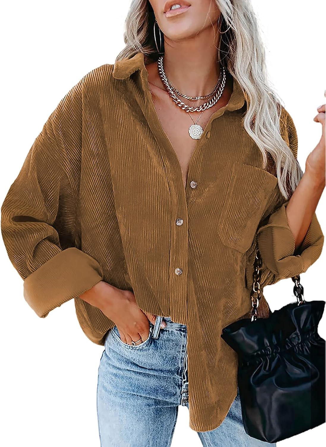Sidefeel Women Corduroy Long Sleeve Button Down Shirt Oversized Jacket Tops | Amazon (US)