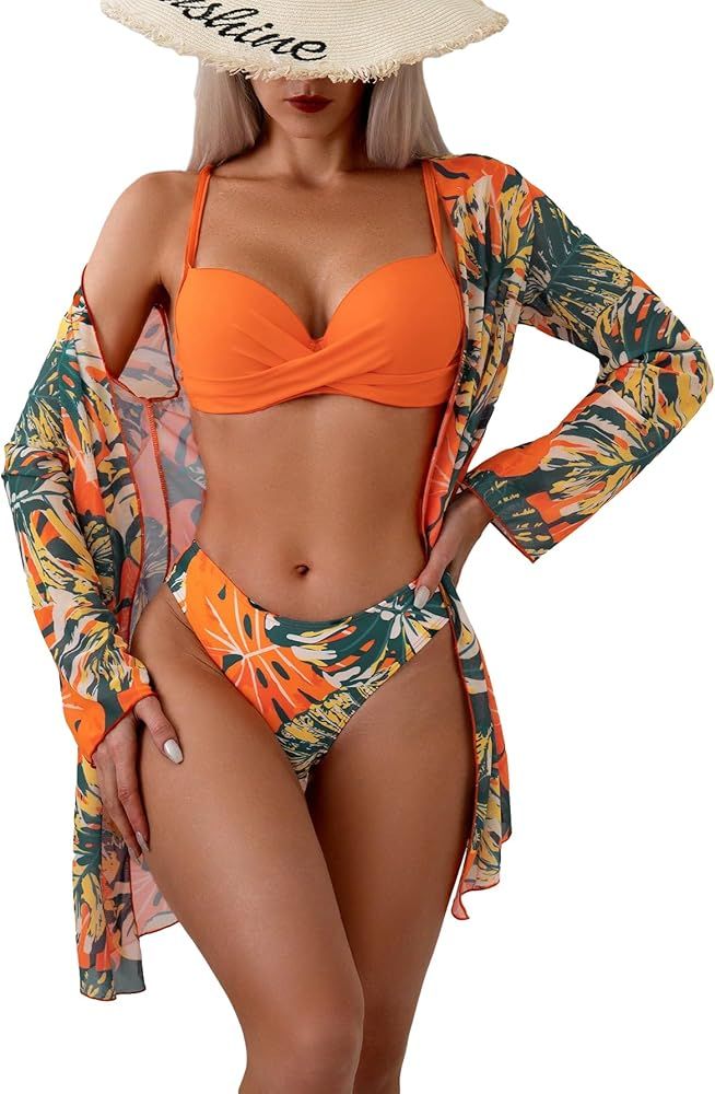 SHENHE Women's Tropical Print 3 Piece Push Up Bikini Set with Kimono Swimsuit Cover Up | Amazon (US)