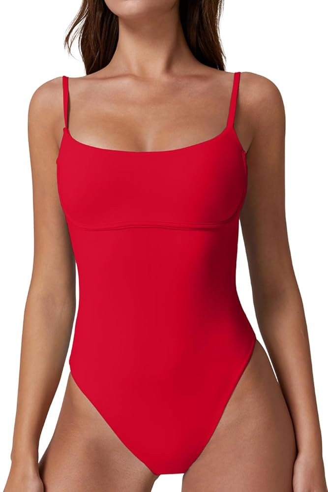 QINSEN Womens Seamed Cup Spaghetti Straps One Piece Bathing Suits Tummy Control Cheeky Swimsuit | Amazon (US)