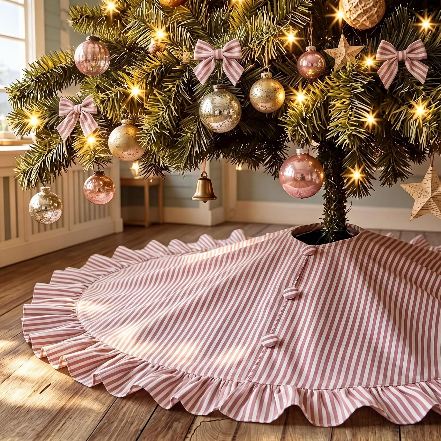 48 Inches Striped Christmas Tree Skirt Vintage Ruffle Decor, Red White | Amazon (US)