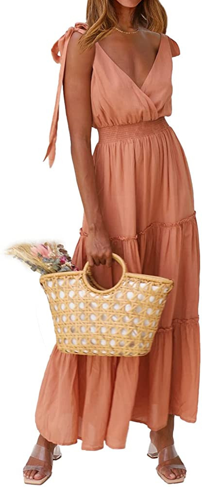 PRETTYGARDEN Women's Cross Neck Summer Sleeveless Tiered Maxi Dress Beach Tie Strap Smocked Long ... | Amazon (US)