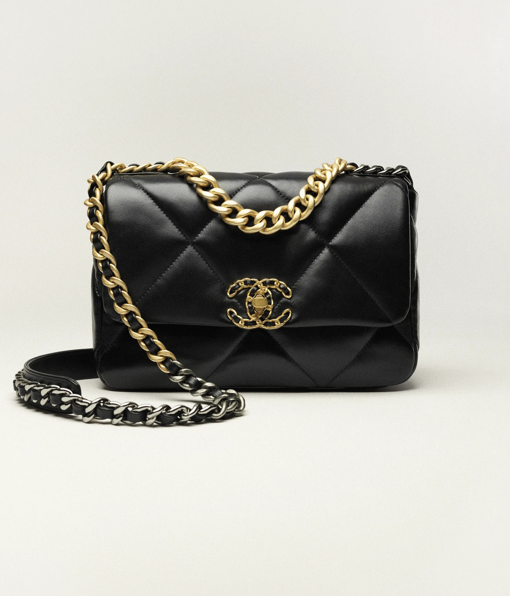 Chanel 19 handbag, Shiny lambskin, gold-tone, silver-tone & ruthenium-finish metal, black — Fas... | Chanel, Inc. (US)