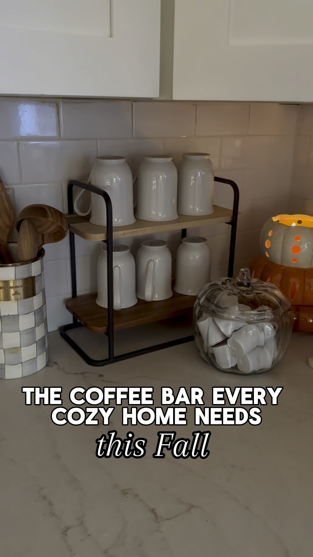Loving this simple yet cozy coffee bar in our kitchen this fall. Mostly neutrals with a splash of orange. These canisters are a splurge but worth it: I keep out year round! 

#LTKHome #LTKSeasonal #LTKVideo