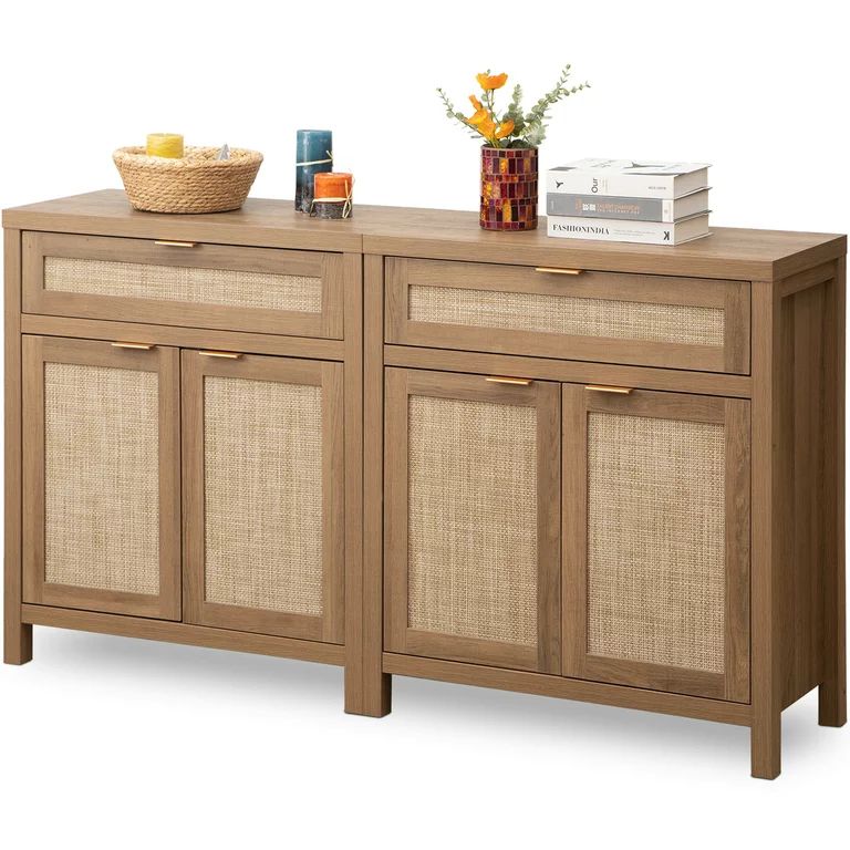 SICOTAS Sideboard Buffet Cabinet Set of 2, Rattan Storage Cabinet with Doors, Accent Table Consol... | Walmart (US)