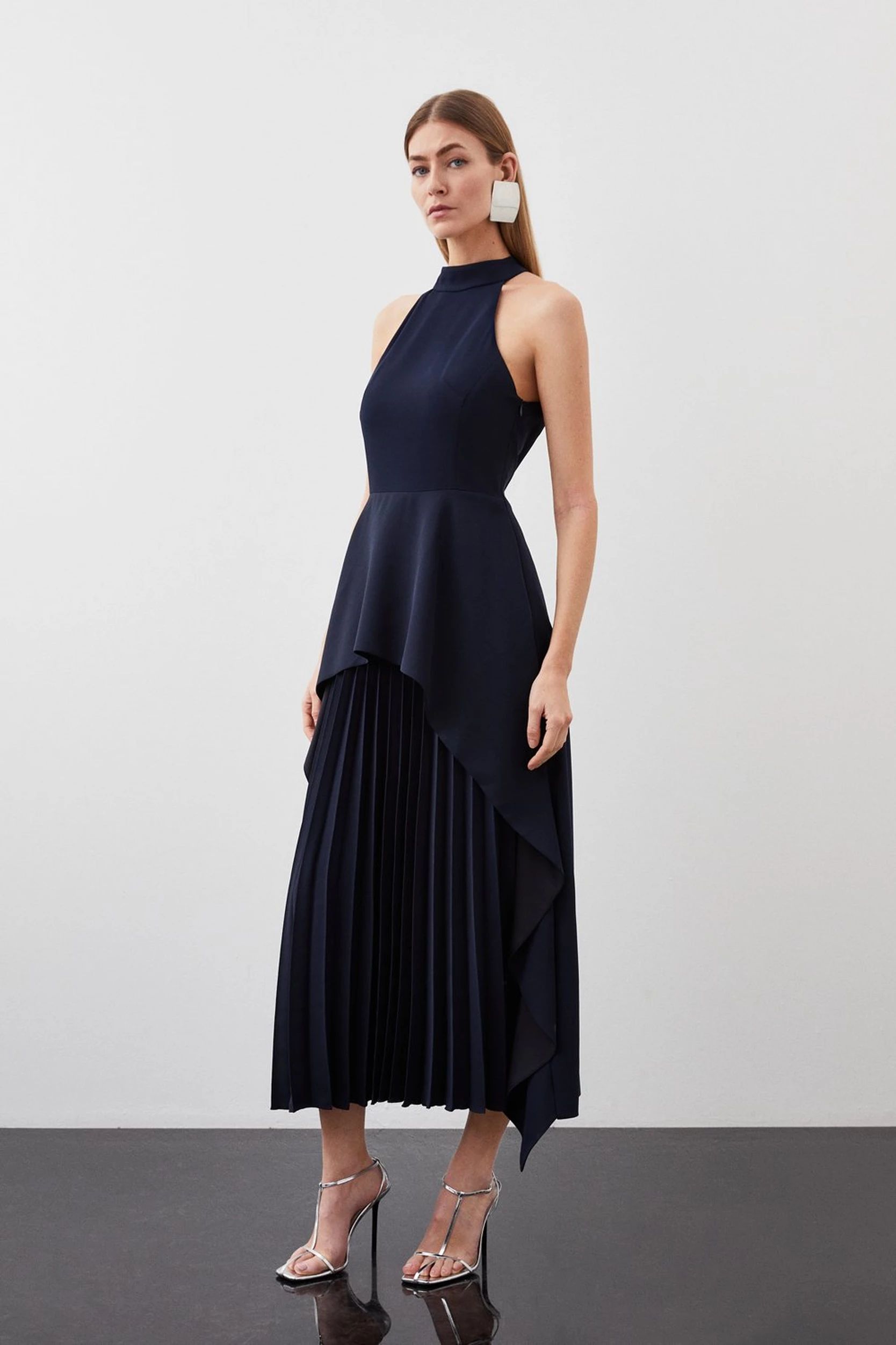 Soft Tailored Waterfall Hem High Neck Midi Dress | Karen Millen UK + IE + DE + NL