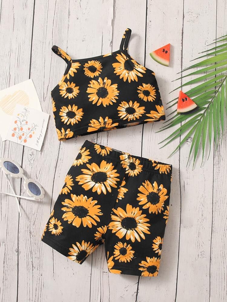 SHEIN Baby Sunflower Print Cami Top & Shorts | SHEIN
