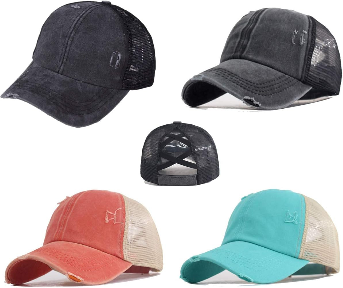 4 Pack Criss Cross Ponytail Hat Washed Distressed Women Mesh Baseball Caps Messy Bun Ponycaps | Amazon (US)