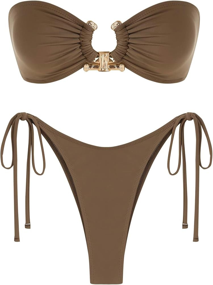ZAFUL Bikini Sets for Women Strapless Top Sexy High Cut Bathing Suit Bandeau Two Piece Swimsuit S... | Amazon (US)