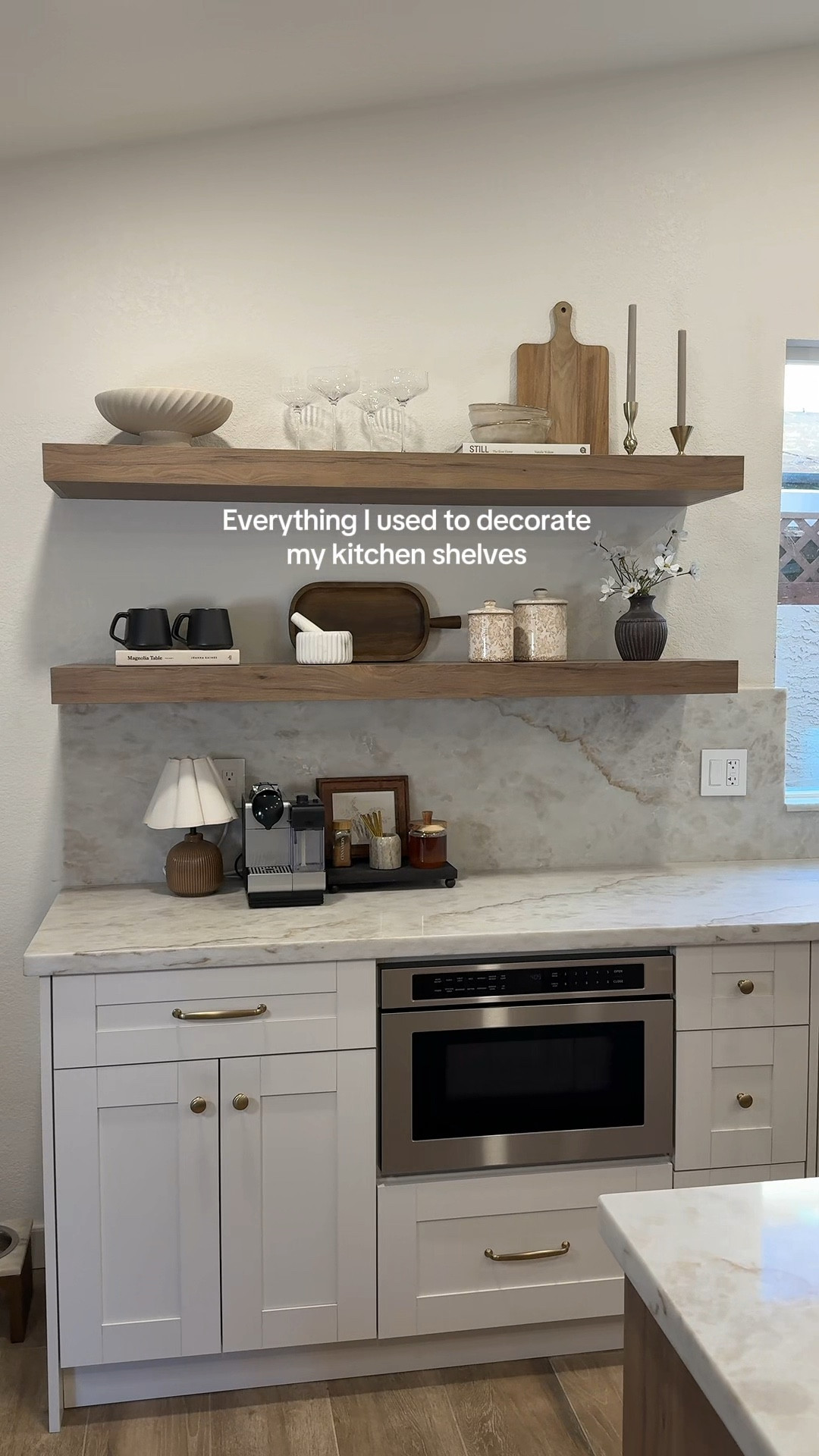 Everything I used to decorate my kitchen shelves! Mix and matching items of different materials is the key to a perfectly styled shelf. 

I used: 
• books 
• serving boards
• pedestal bowl 
• coupe glasses 
• candle holders 
• coffee mugs 
• stacked bowls 
• pestle and mortar 
• canisters 
• mini vase 

Kitchen styling, kitchen accessories, kitchen styling, decorating my kitchen, kitchen shelves, kitchen shelf, floating shelves, coffee bar, neutral home, kitchen style, kitchen decor 


#LTKHome #LTKSaleAlert