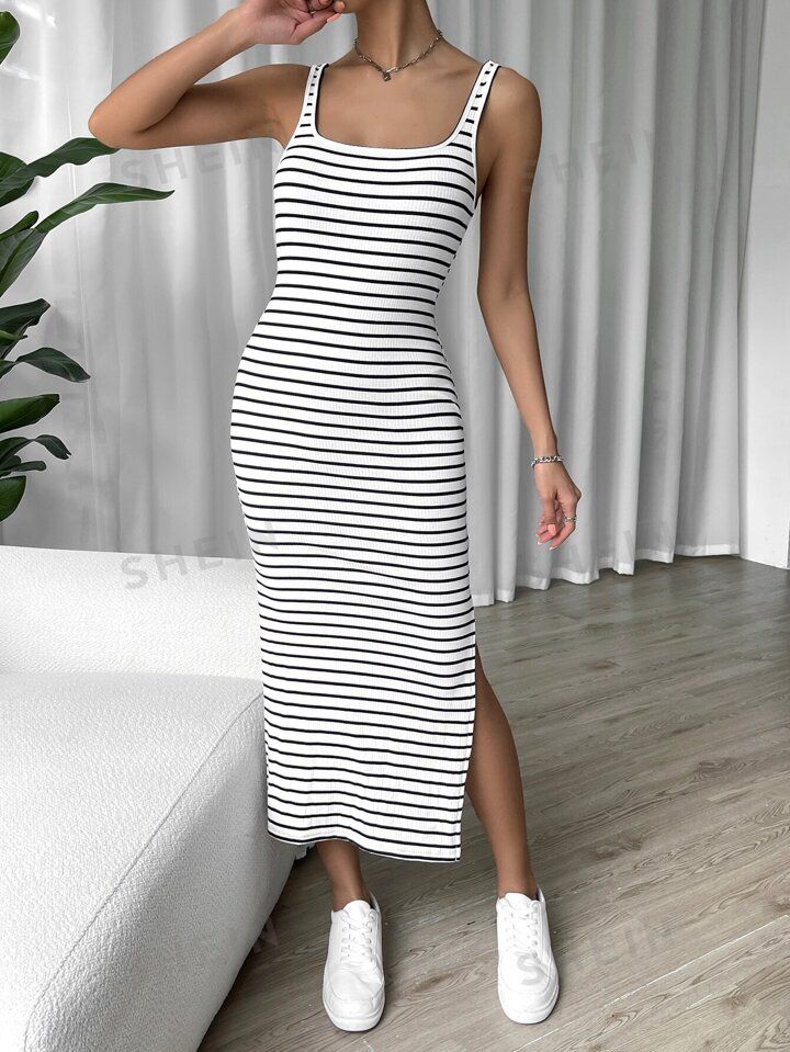 SHEIN EZwear Striped Split Thigh Bodyco Cami Long Dress | SHEIN