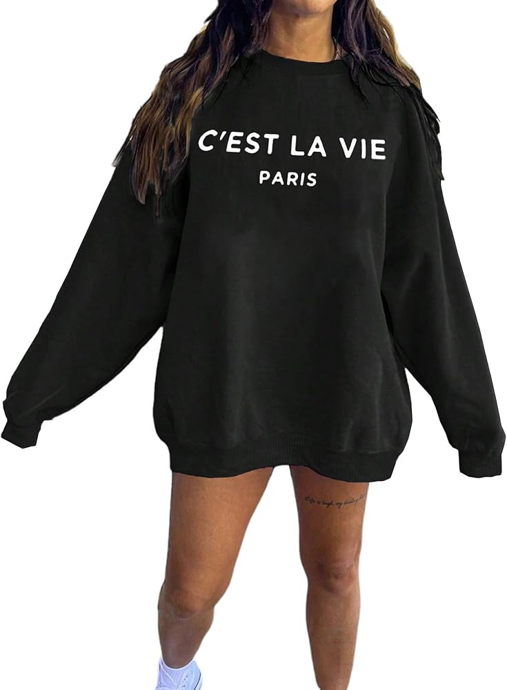 Crewneck Oversized Sweatshirt for Women Preppy Graphic Pullover Casual Loose Long-Sleeve Tops | Amazon (US)