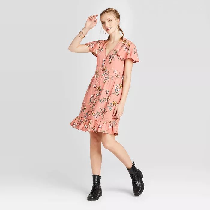 Women's Floral Print Short Sleeve V-Neck Button-Down Mini Dress - Xhilaration™ Coral | Target
